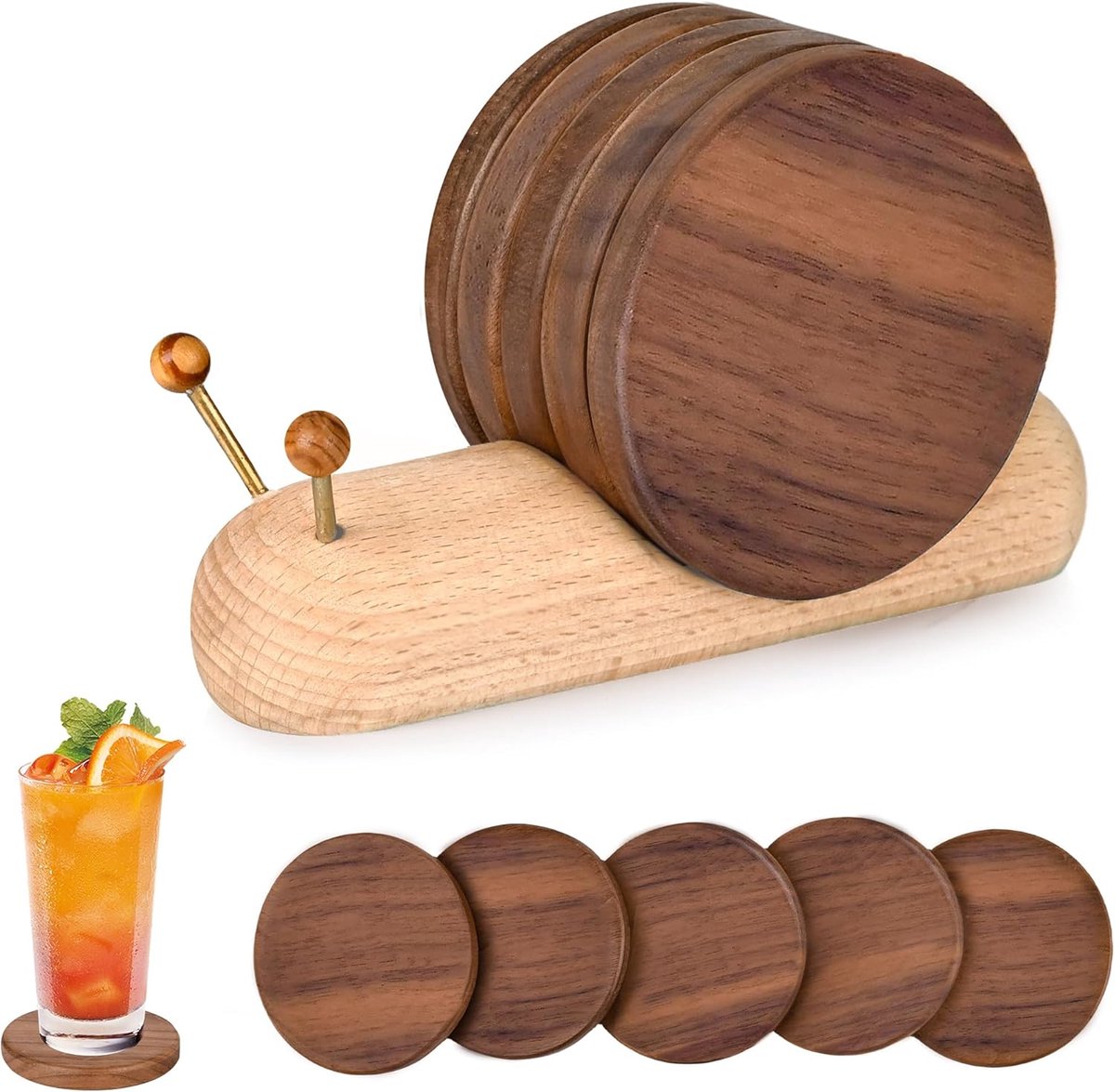 Wooden coasters - Natural acacia wood coasters - Cute and fun with stand - Modern home decor - Perfect for the coffee table - 7 x 7 cm - 5 pieces - Image 1