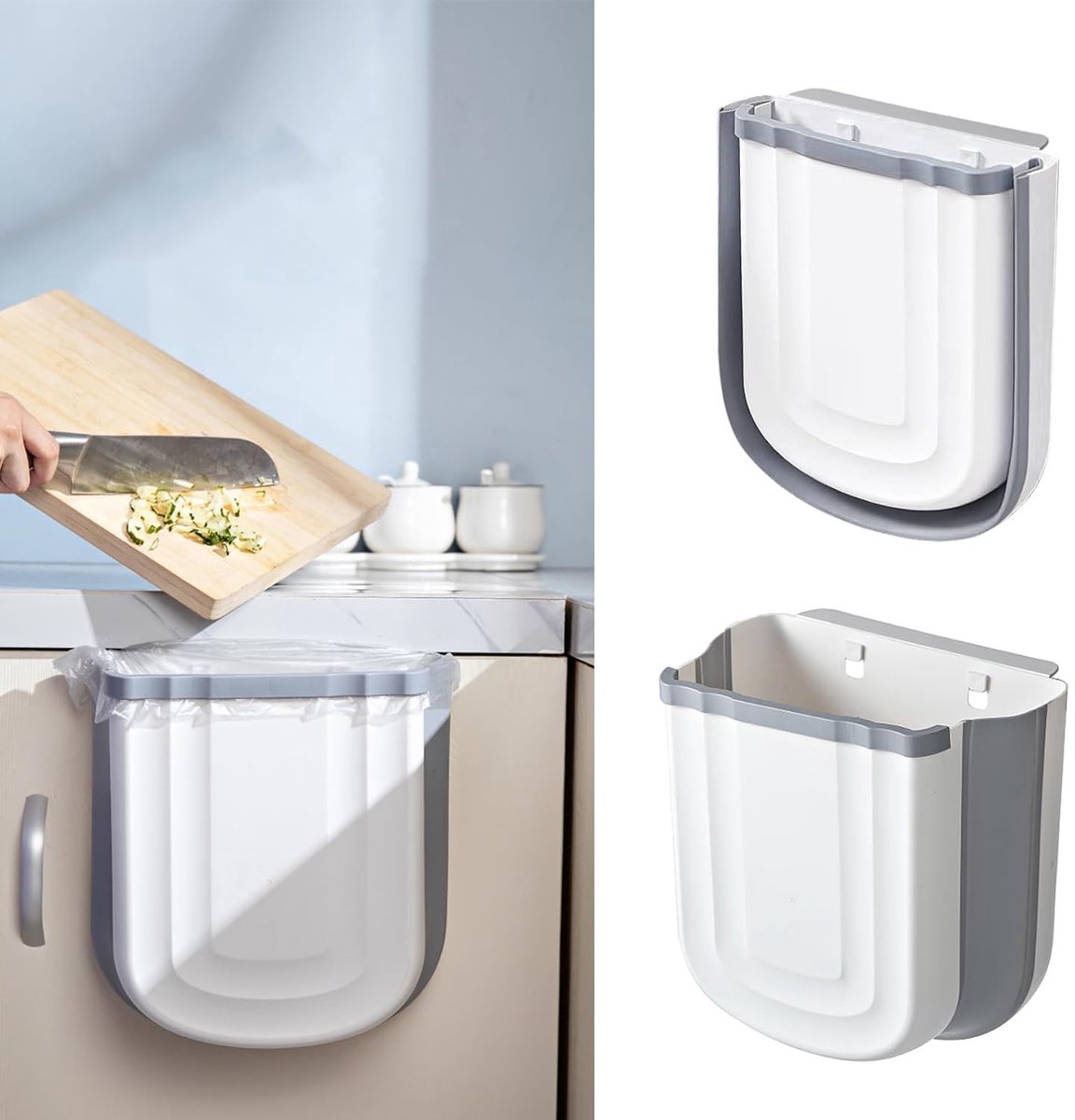 Foldable hanging trash can - Small 2.4 gallon waste bin for countertop and cabinet - Wall-mounted plastic waste bin for kitchen, bathroom, bedroom - Space-saving gray design - Image 1