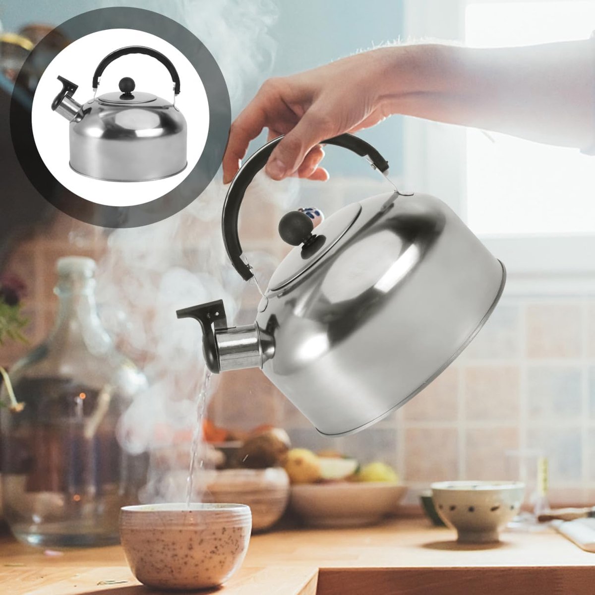 Whistling kettle - Food-grade stainless steel - Boils water quickly - 2-liter coffee maker - With insulated handle - Suitable for camping - Image 2