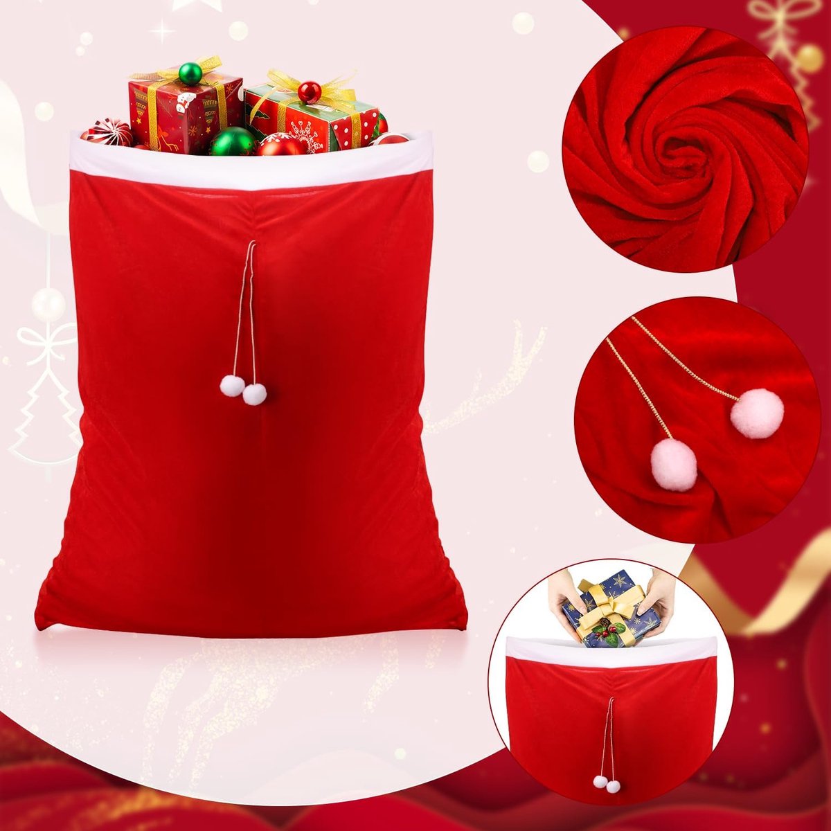 Large Santa Christmas Bag with Drawstring - Reusable Extra Large Christmas Bags - Red Soft Velvet Drawstring Bags for -100*70cm - Gift Wrapping, Party and Tree Decoration - Image 2