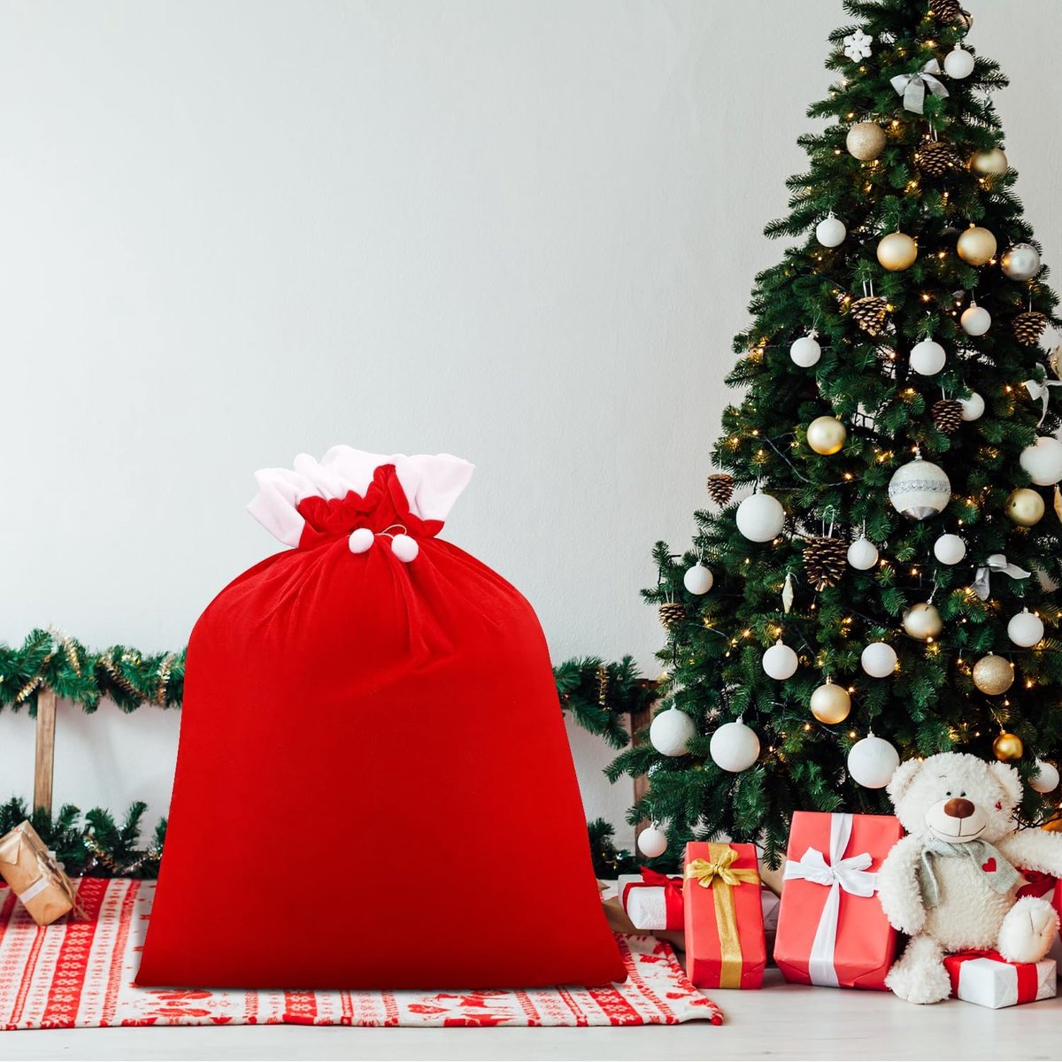 Large Santa Christmas Bag with Drawstring - Reusable Extra Large Christmas Bags - Red Soft Velvet Drawstring Bags for -100*70cm - Gift Wrapping, Party and Tree Decoration - Image 3