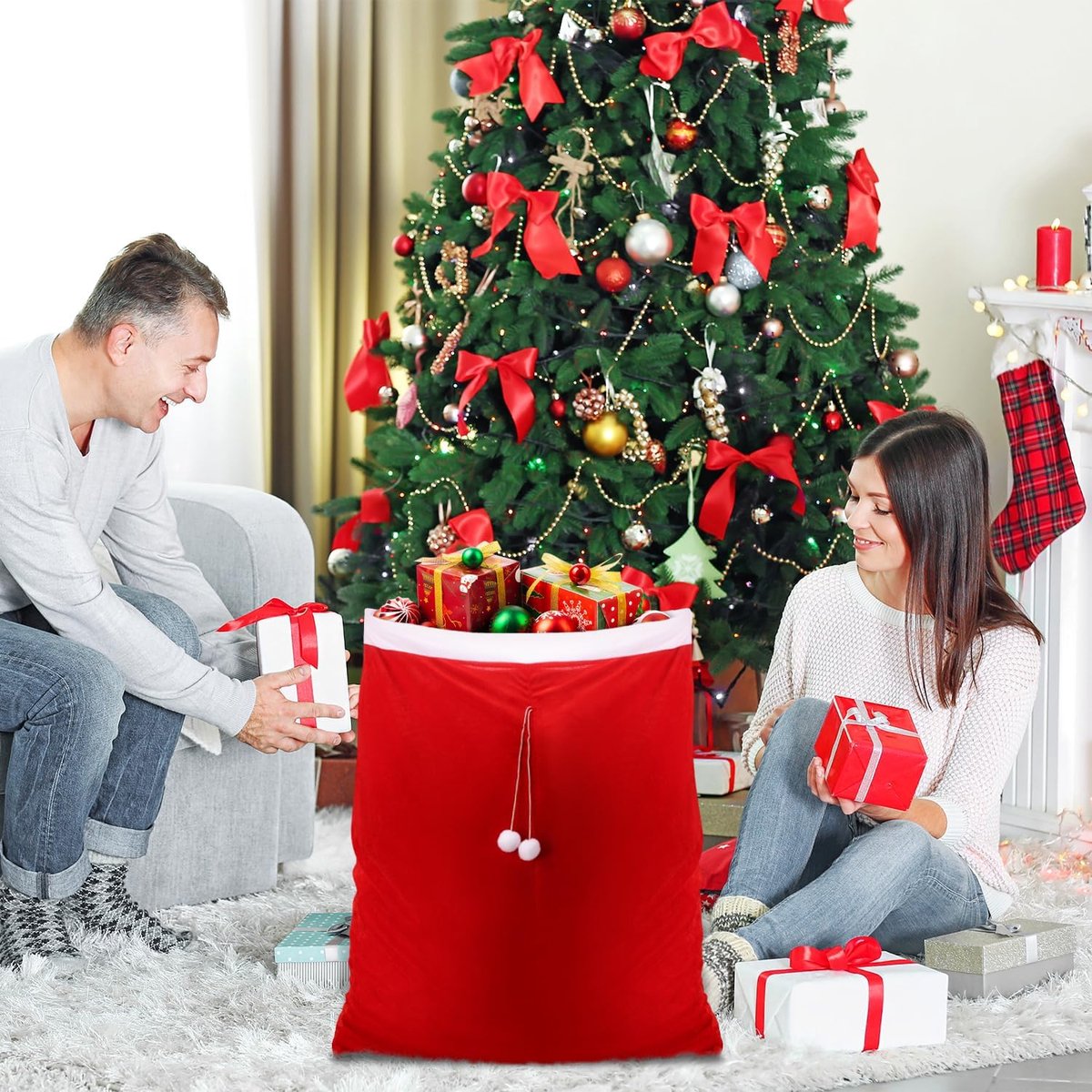 Large Santa Christmas Bag with Drawstring - Reusable Extra Large Christmas Bags - Red Soft Velvet Drawstring Bags for -100*70cm - Gift Wrapping, Party and Tree Decoration - Image 4