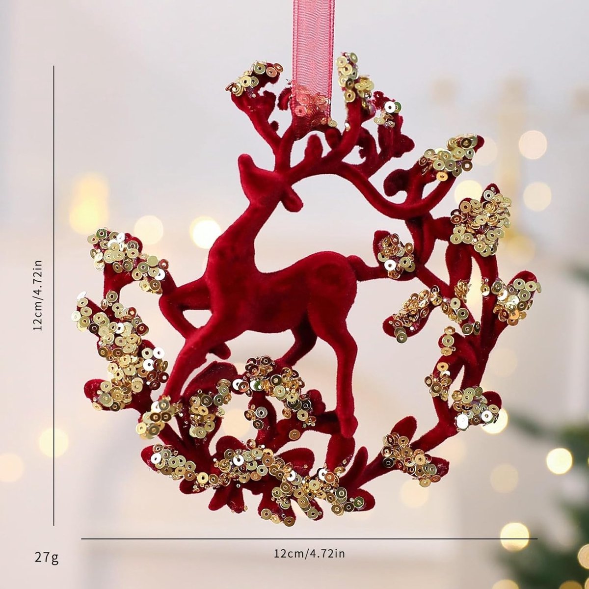 Velvet Christmas tree hangers - Christmas tree decorations - Festive hanging decorations with gold sequins - 3.74 x 4.72 inches (red) - Image 3