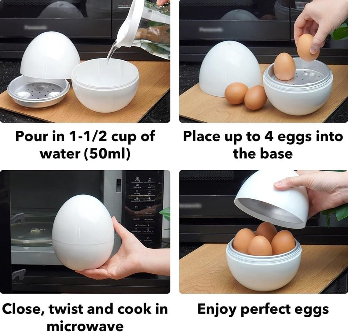 Egg cooker - Pressure cooker with 4 eggs for hard and medium-boiled eggs - Fast microwave egg cooker - Cooking time of 9 minutes - User-friendly microwave egg poacher - Image 3