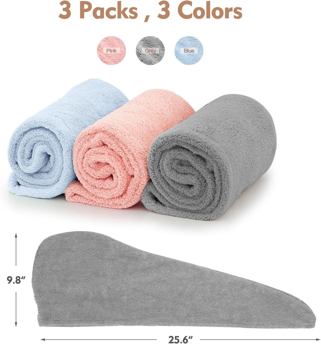 3-pack hair towels - Anti-frizz hair dryer wraps for curly hair - Fast-drying head towel accessories for women, teenagers, and children - Ideal as a Christmas gift and as a gift for mothers - Image 5