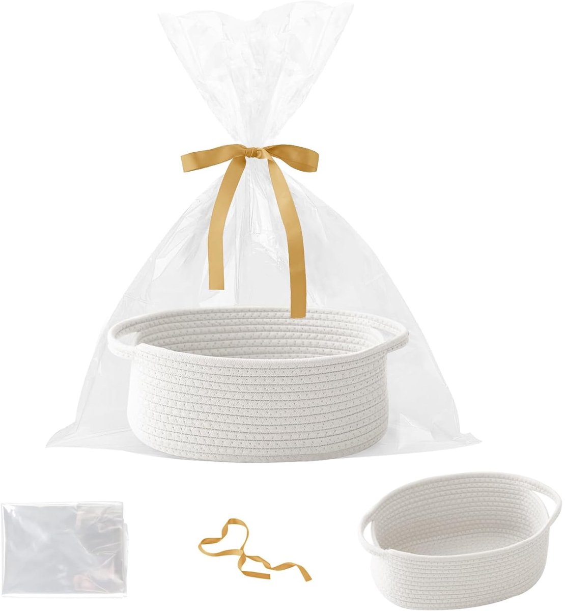 Gift basket with gift bag and ribbons - Small woven rope storage shelf - Empty gift baskets - Decorative storage box for birthday party for cat, dog, pet with handles (white) - Image 1