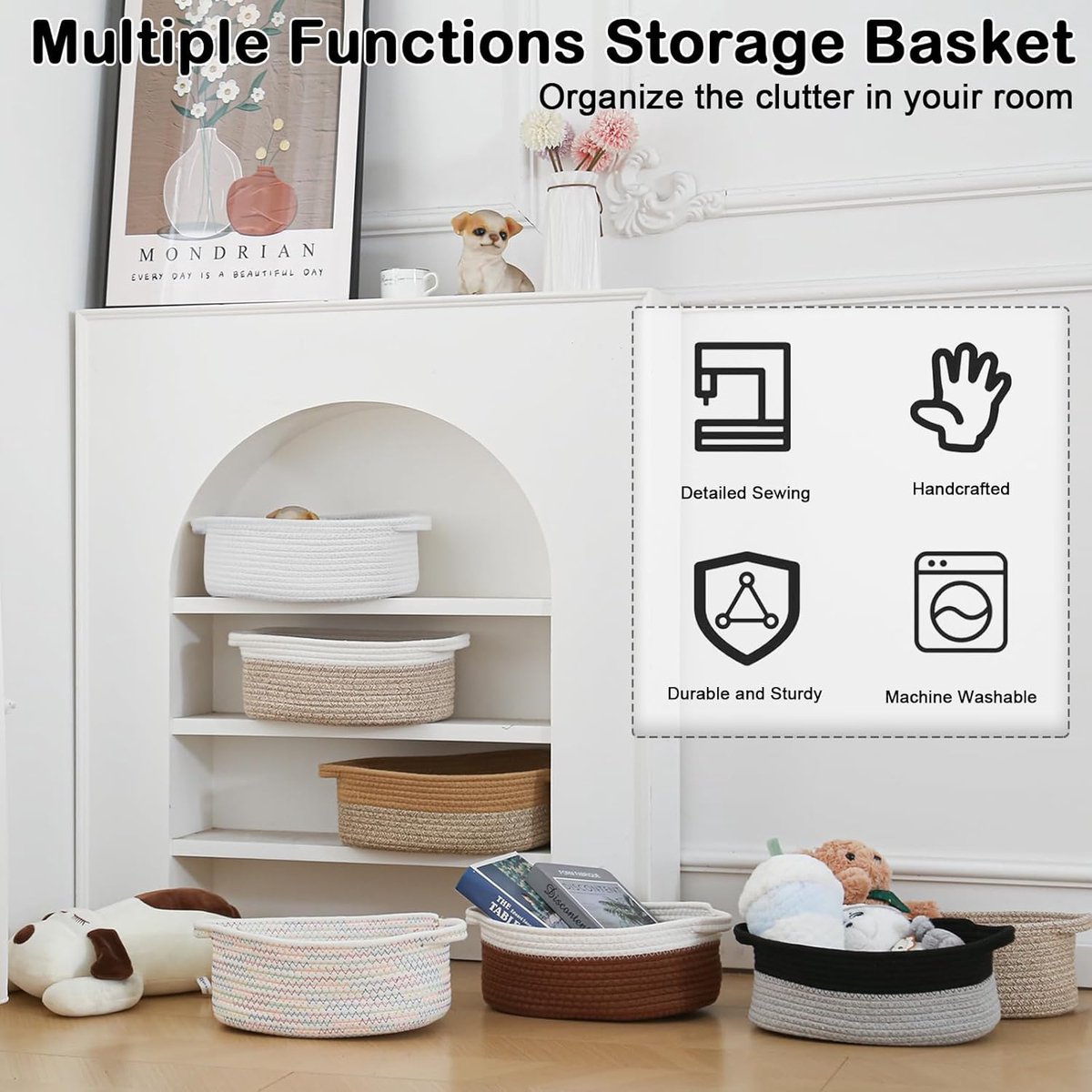 Gift basket with gift bag and ribbons - Small woven rope storage shelf - Empty gift baskets - Decorative storage box for birthday party for cat, dog, pet with handles (white) - Image 5