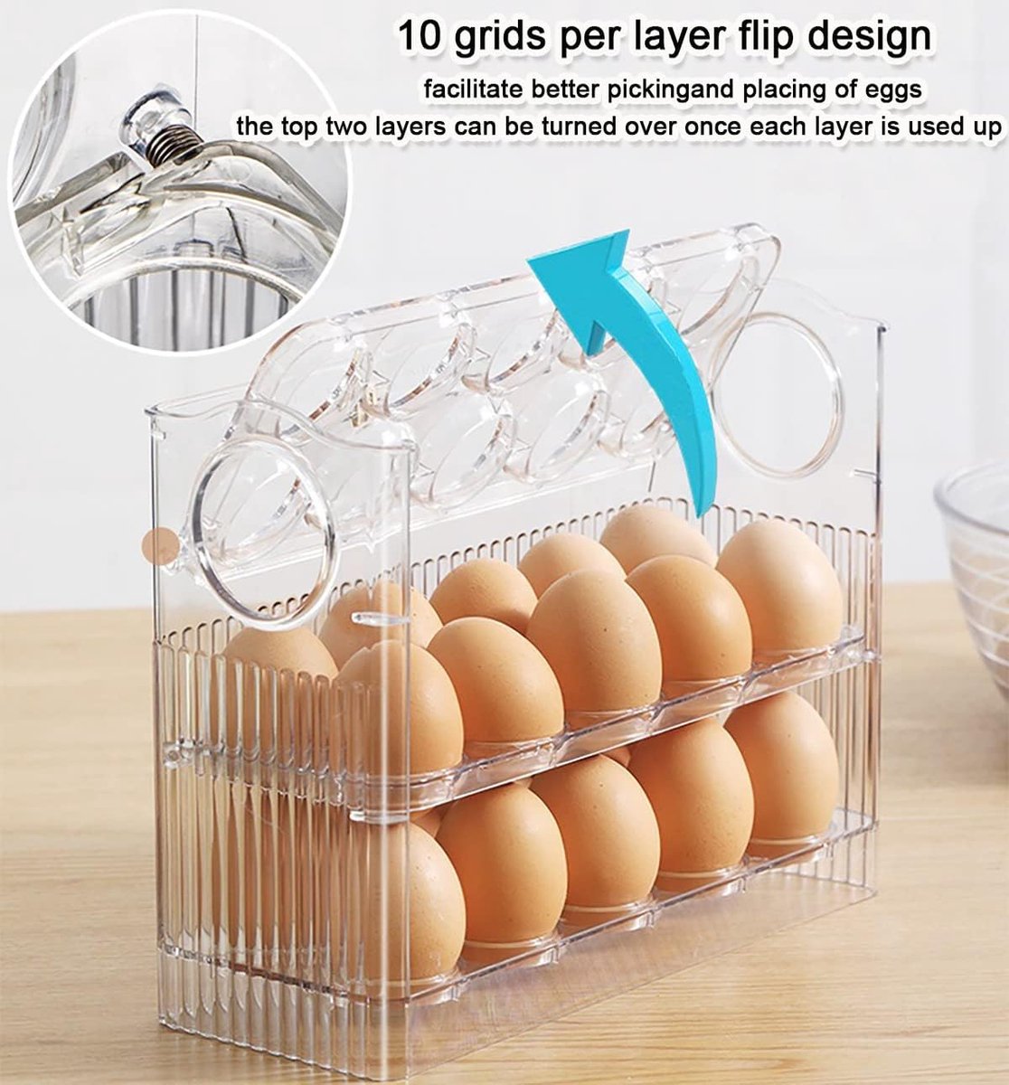 Egg carton - Suitable for 30 eggs - Egg storage box specifically for the refrigerator - Three-layer transparent acrylic egg storage box - Large capacity egg storage box for the countertop - Egg dispenser - Egg rack - 26*10*20 cm - Transparent - Image 2