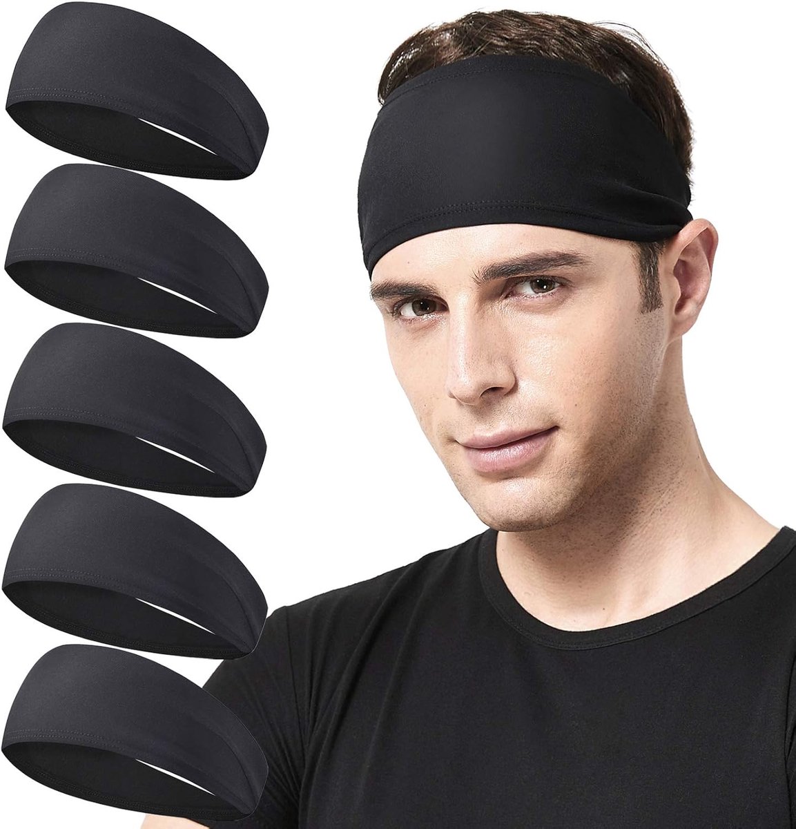Men's Headbands - 5-pack - Sweat-wicking headbands for men - Suitable for running, cycling, basketball, yoga, fitness training - Elastic unisex headbands - Image 1