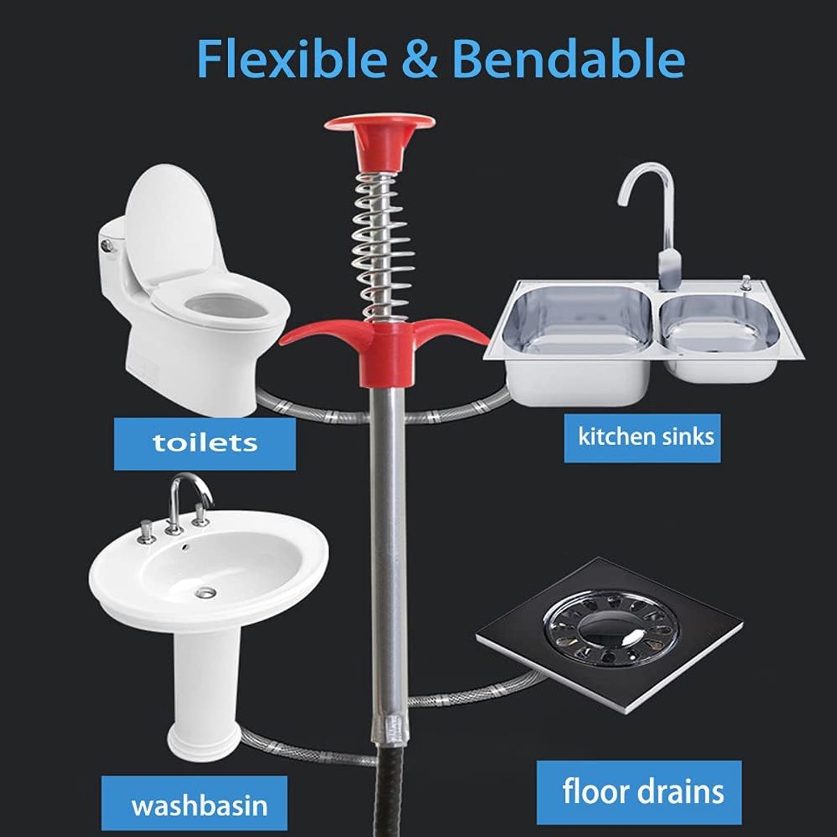 Sink plunger - Flexible drain cleaner - Gripper with 4 claws - For kitchen sink and bath - Retractable poles (160 cm) - Image 3