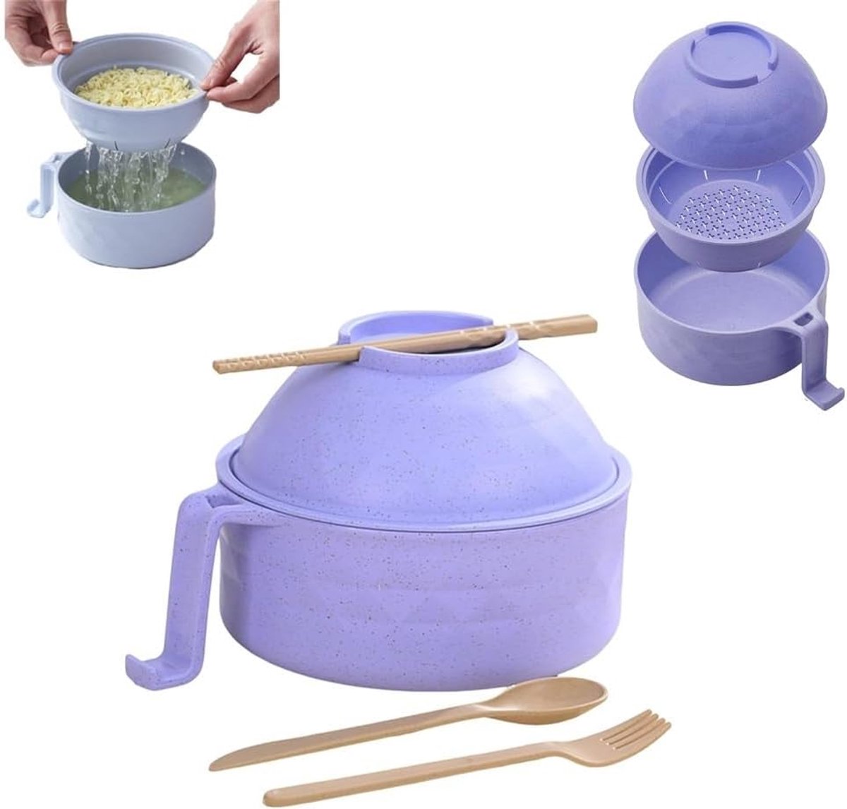 Microwave noodle bowl - 6-in-1 ramen cooker with lid, strainer, chopsticks - 33oz instant noodle soup bowl with handle and phone holder - Image 1