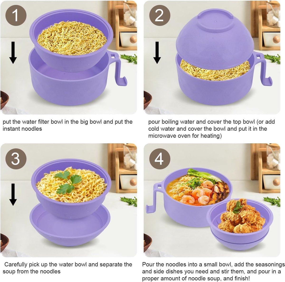 Microwave noodle bowl - 6-in-1 ramen cooker with lid, strainer, chopsticks - 33oz instant noodle soup bowl with handle and phone holder - Image 2