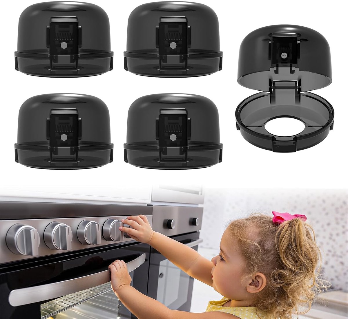 5 child-safe covers for stove knobs - heat-resistant and oil-resistant protectors - strong adhesive locks for gas stove and oven knobs, semi-transparent black - Image 1