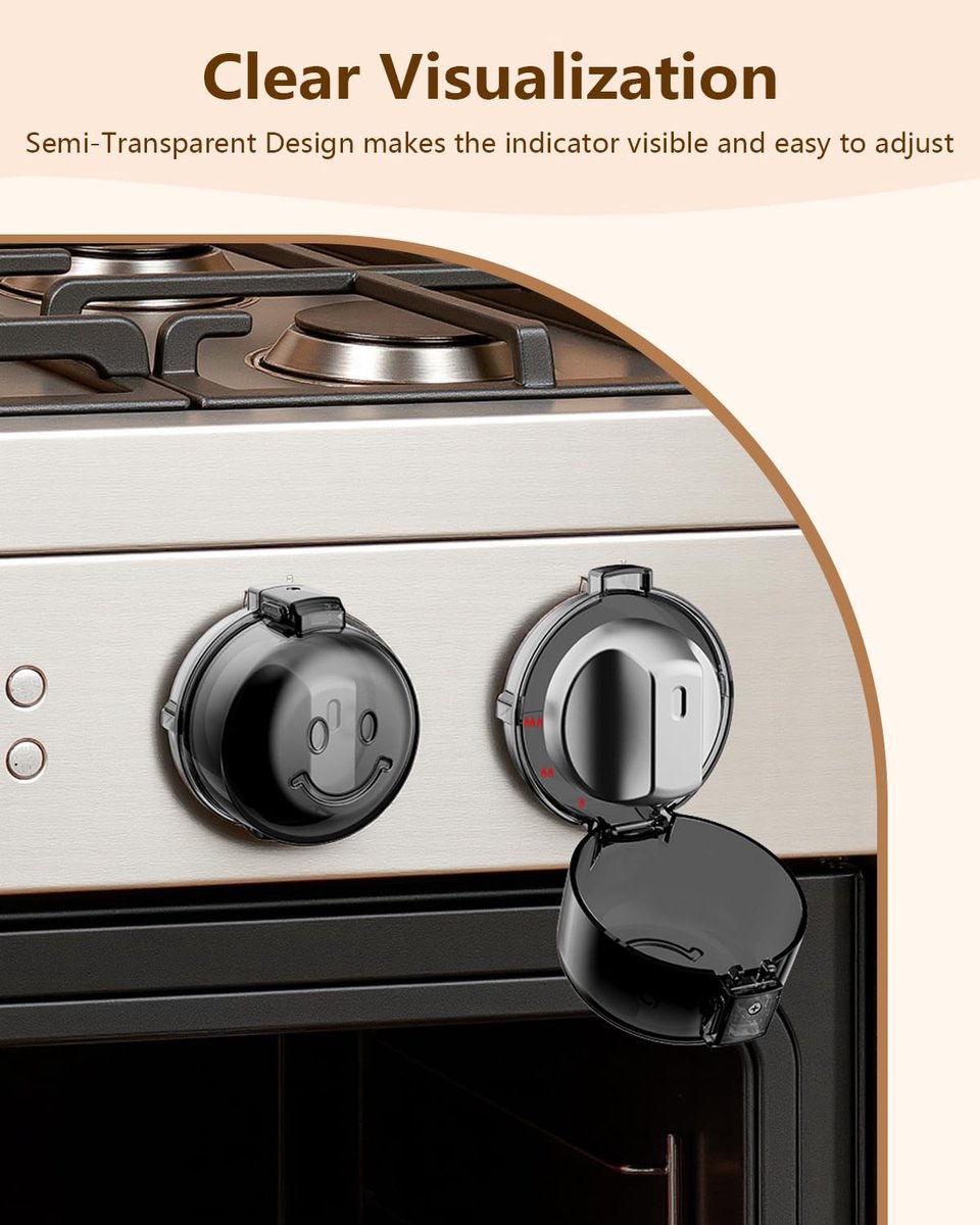 5 child-safe covers for stove knobs - heat-resistant and oil-resistant protectors - strong adhesive locks for gas stove and oven knobs, semi-transparent black - Image 4
