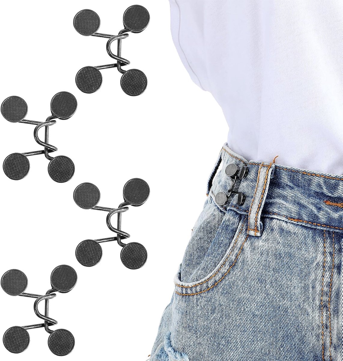 Waistband reinforcement clip - Set of 4 pieces - Adjustable belt buckle without rivets - Jeans button pin - Detachable waist buckle - Jeans waistband reinforcer - Trouser reinforcement button - Image 1