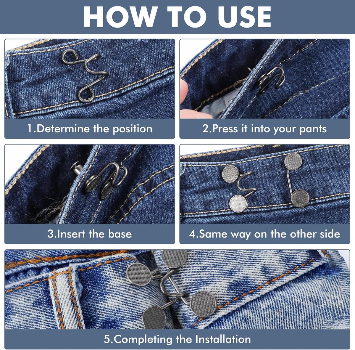 Waistband reinforcement clip - Set of 4 pieces - Adjustable belt buckle without rivets - Jeans button pin - Detachable waist buckle - Jeans waistband reinforcer - Trouser reinforcement button - Image 5