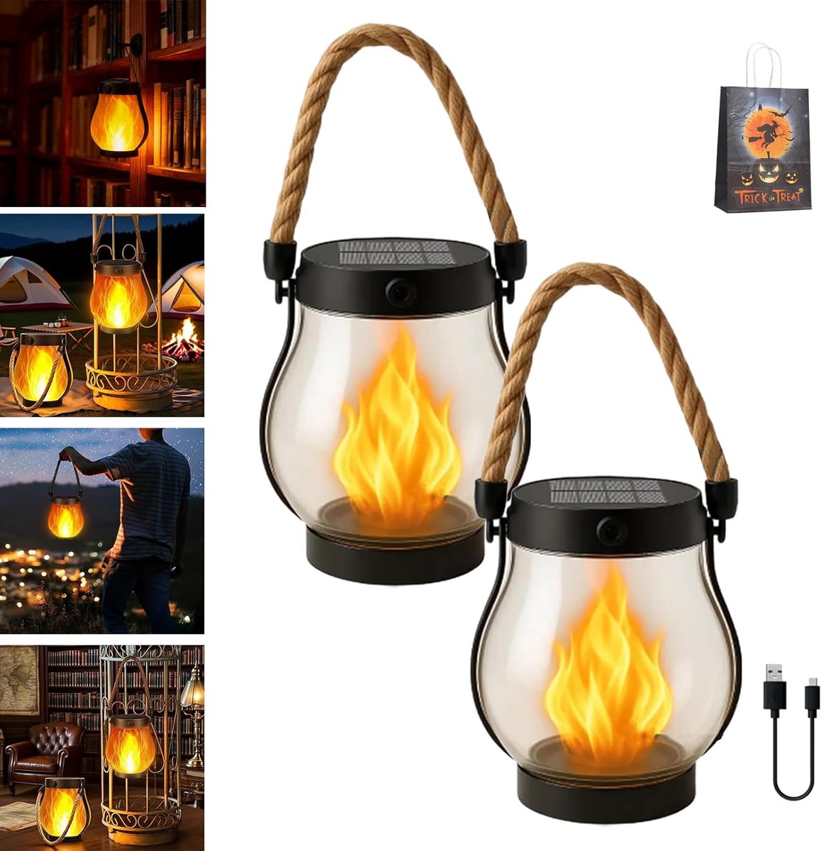 Outdoor solar lights - Solar garden lighting - Solar lantern - Dancing flame solar lanterns outdoor waterproof lighting - Hemp rope flame lamp - For camping garden patio garden halloween decoration (2 pieces) - Image 1