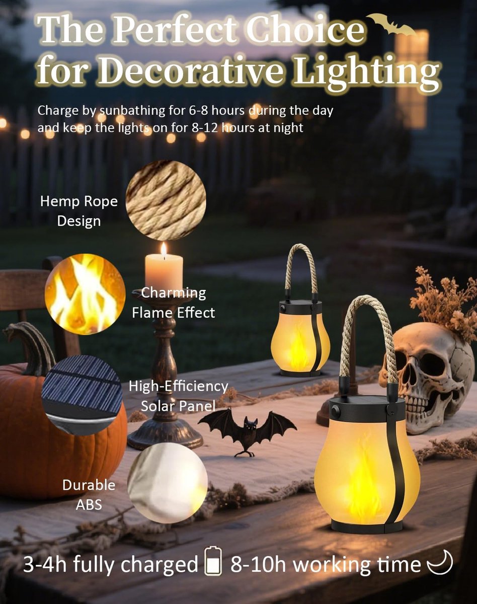 Outdoor solar lights - Solar garden lighting - Solar lantern - Dancing flame solar lanterns outdoor waterproof lighting - Hemp rope flame lamp - For camping garden patio garden halloween decoration (2 pieces) - Image 3