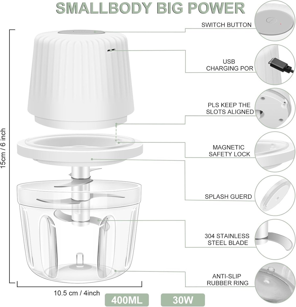 Kitchen Mixer - 400ML Large Capacity - 6 Blades Chopper - USB Rechargeable - Kitchen Must-Have for Home Use - Image 4