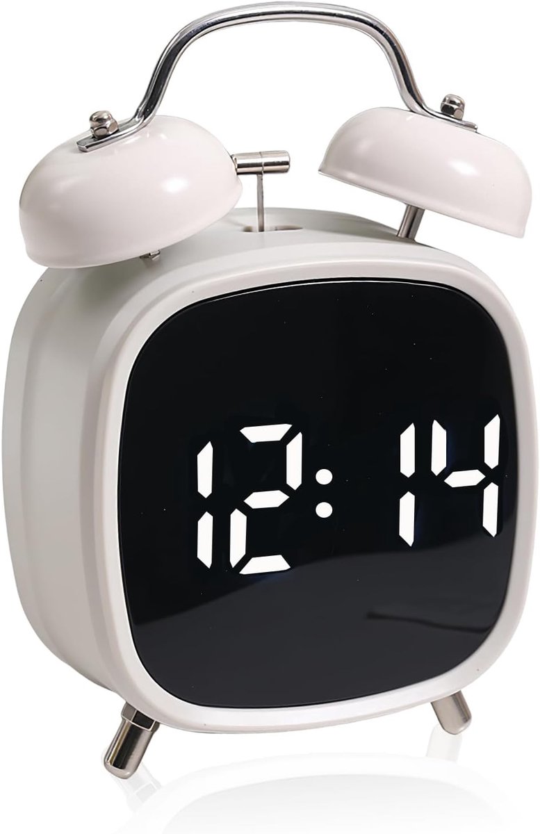 Alarm clock with double bell - Loud and creative alarm clock - Adjustable brightness in three levels - Small battery-operated digital alarm clock - Suitable for living room, bedroom, and study (white) - Image 1