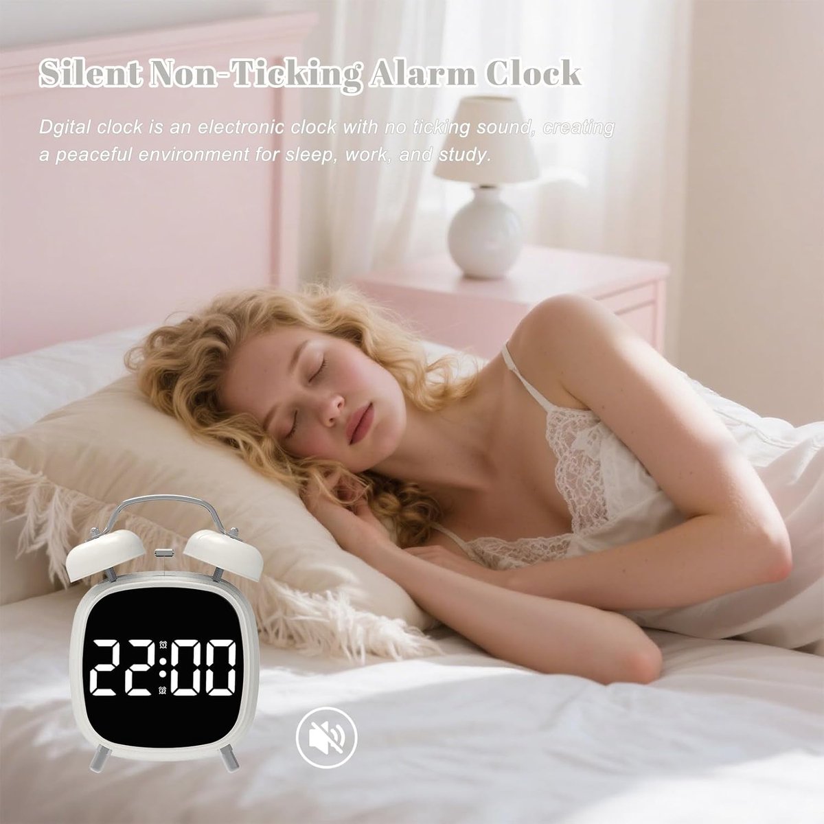 Alarm clock with double bell - Loud and creative alarm clock - Adjustable brightness in three levels - Small battery-operated digital alarm clock - Suitable for living room, bedroom, and study (white) - Image 2