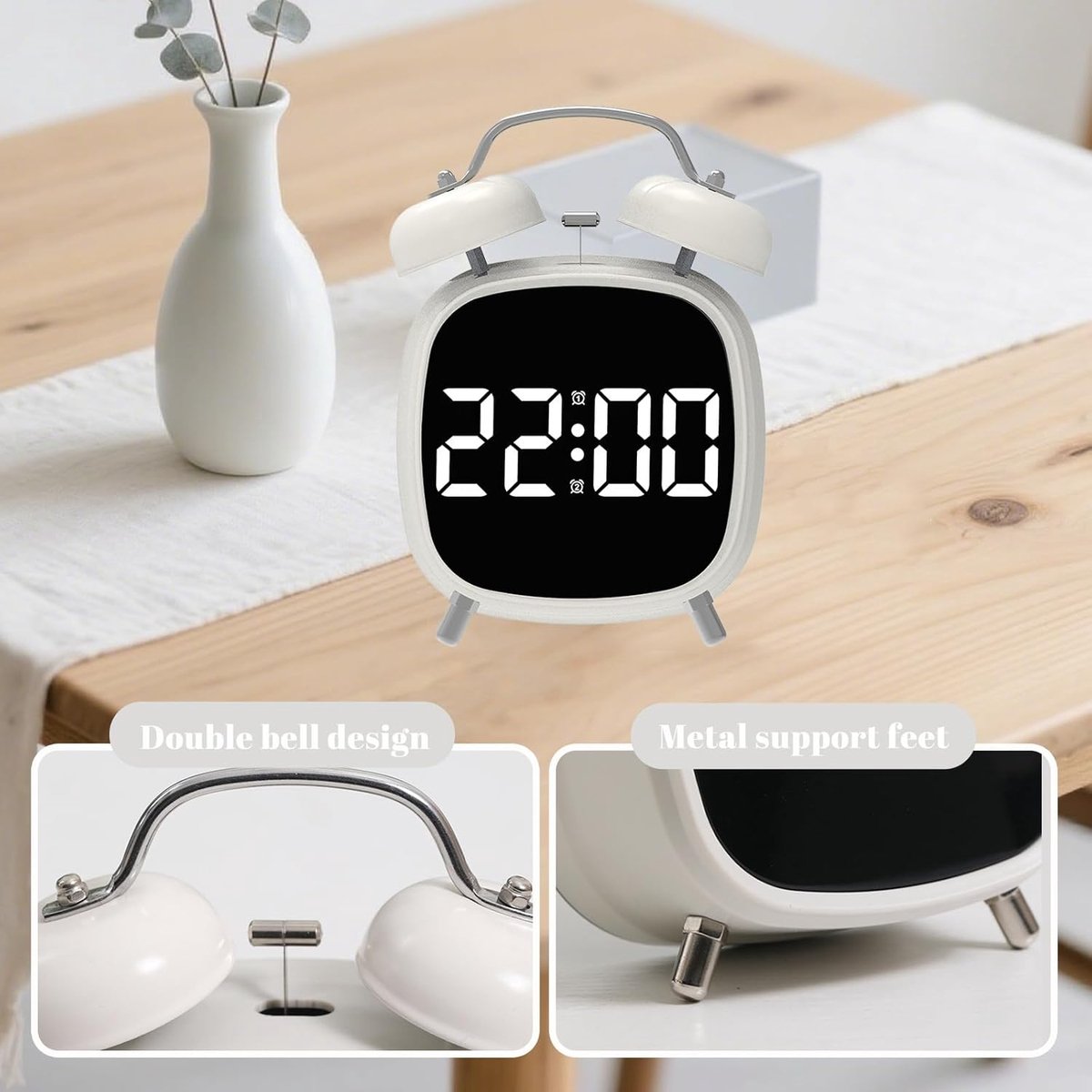 Alarm clock with double bell - Loud and creative alarm clock - Adjustable brightness in three levels - Small battery-operated digital alarm clock - Suitable for living room, bedroom, and study (white) - Image 3