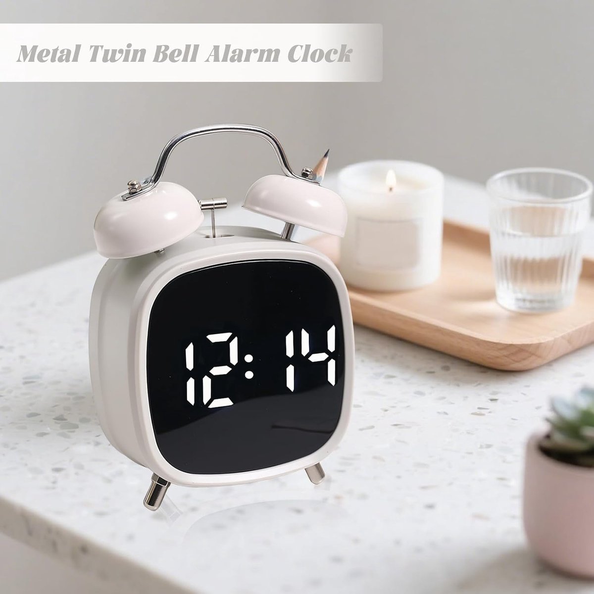 Alarm clock with double bell - Loud and creative alarm clock - Adjustable brightness in three levels - Small battery-operated digital alarm clock - Suitable for living room, bedroom, and study (white) - Image 4