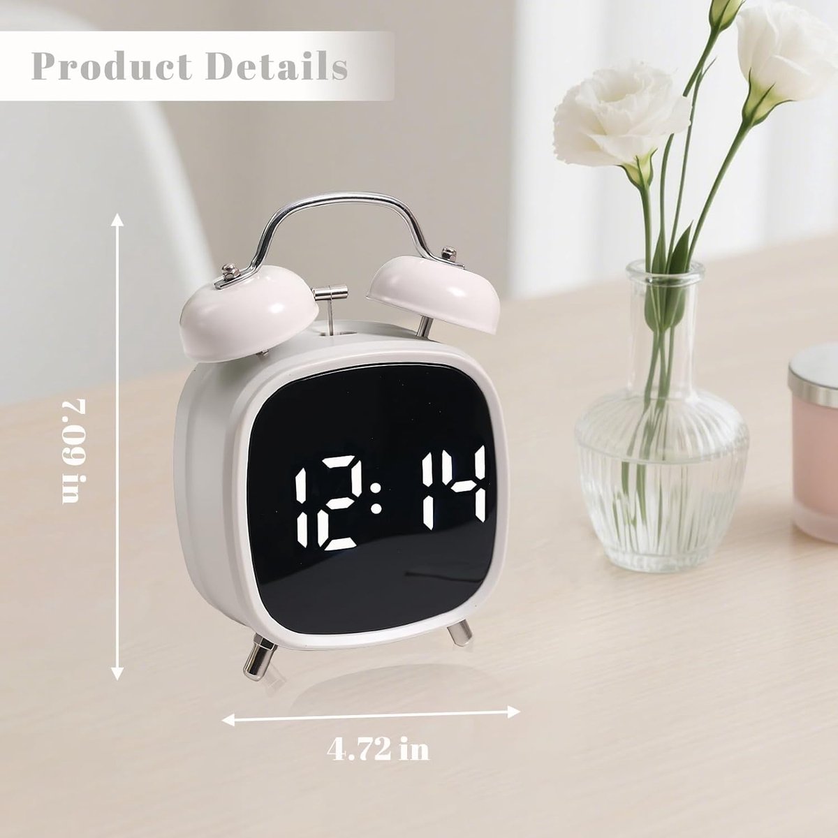 Alarm clock with double bell - Loud and creative alarm clock - Adjustable brightness in three levels - Small battery-operated digital alarm clock - Suitable for living room, bedroom, and study (white) - Image 5