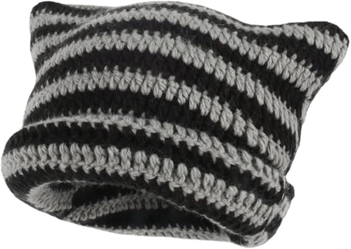 Fairy-like retro knitted hat, cat hat, striped loose crochet hat, warm knitted alternative headwear accessory for winter. - Image 1