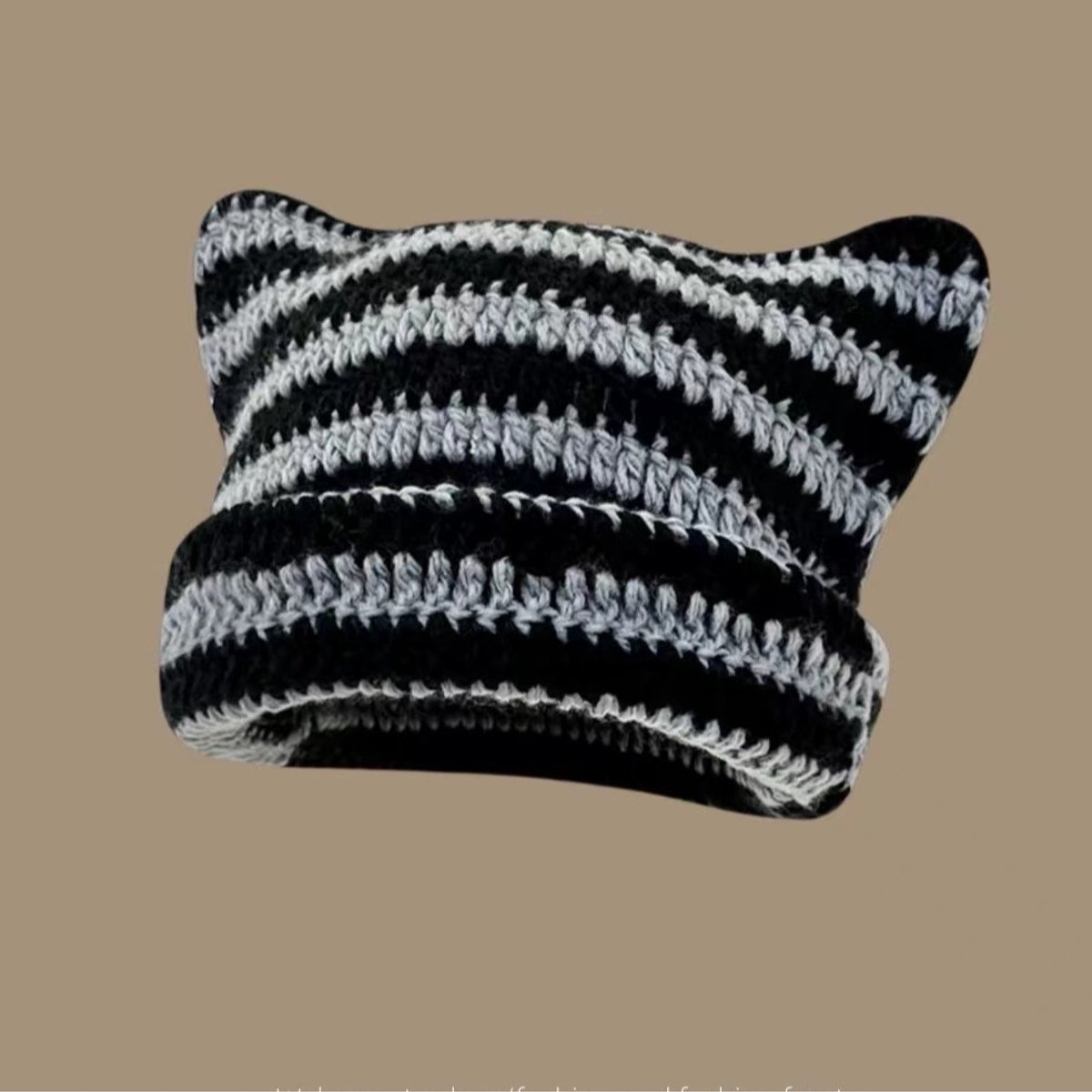 Fairy-like retro knitted hat, cat hat, striped loose crochet hat, warm knitted alternative headwear accessory for winter. - Image 2
