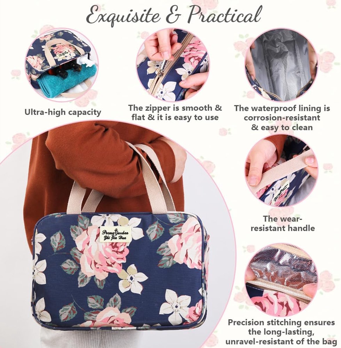 Women's toiletry bag - Large makeup bag - With handle - Waterproof - Portable - Suitable for camping and travel - Makeup bag with floral pattern - Image 3
