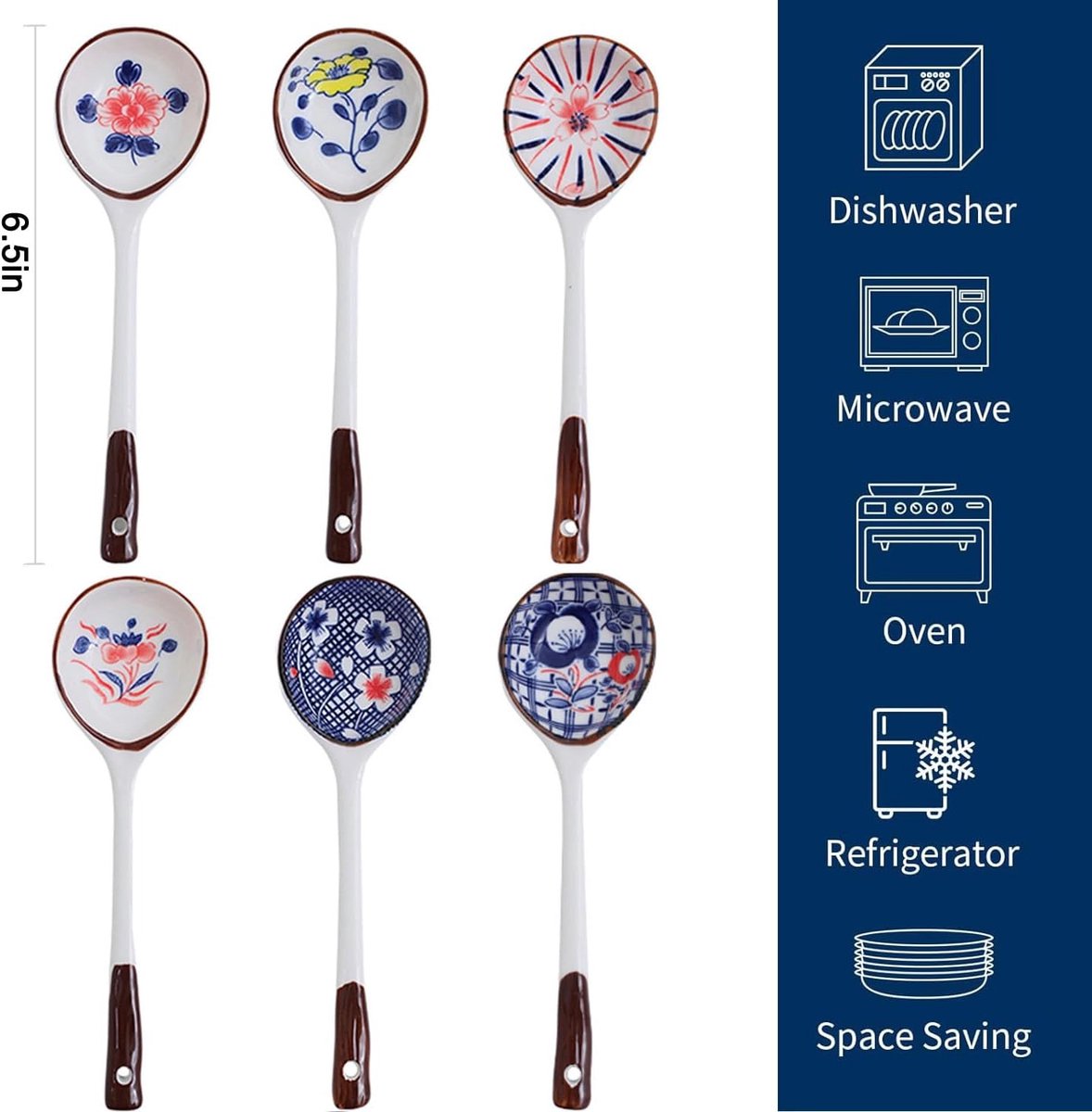 Set of ceramic soup spoons - 6 long-handled Japanese spoons - Easy-to-hold utensils for ramen, wonton, and miso soup - Elegant spoons for noodles and dumplings - Image 2