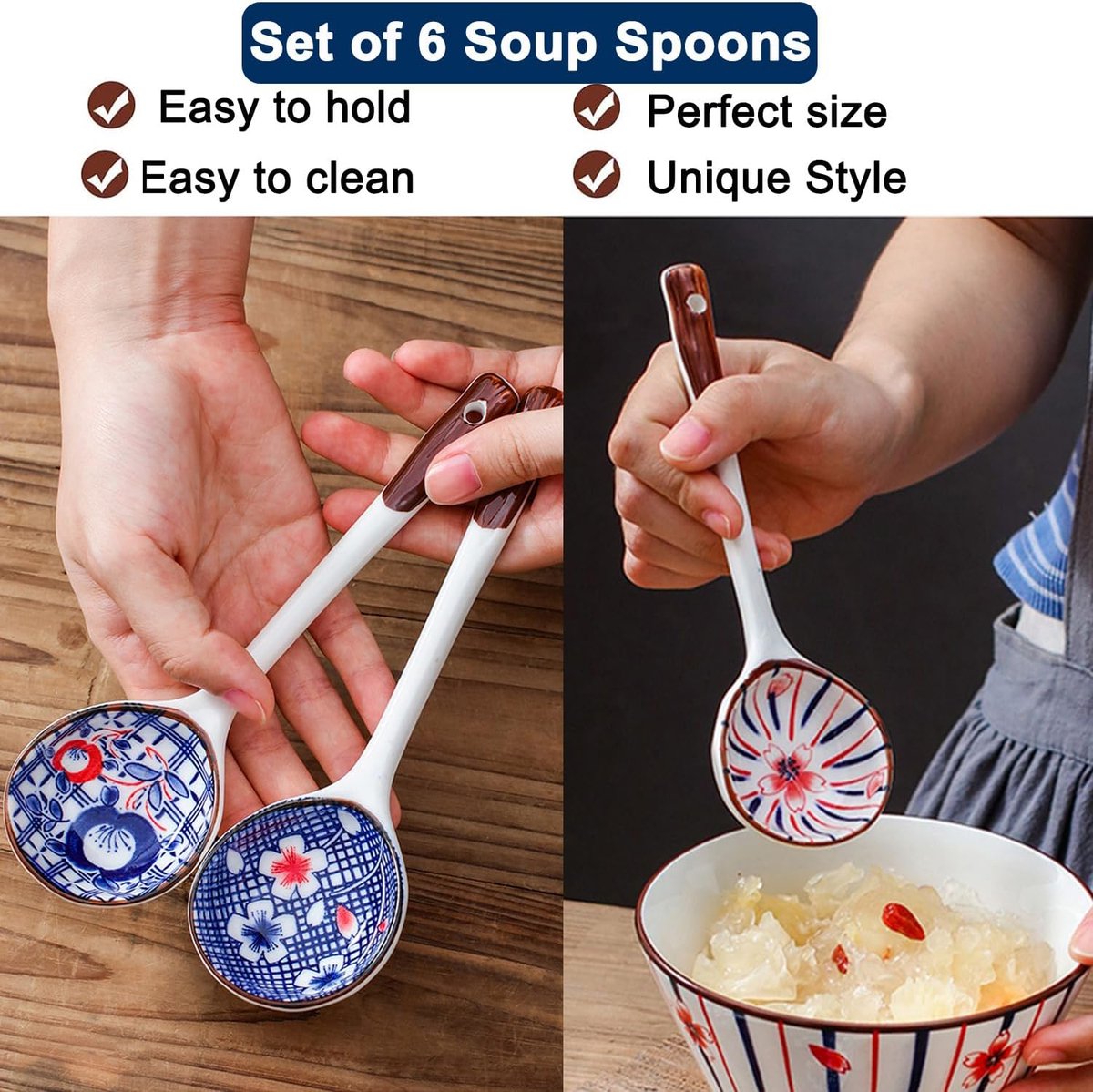 Set of ceramic soup spoons - 6 long-handled Japanese spoons - Easy-to-hold utensils for ramen, wonton, and miso soup - Elegant spoons for noodles and dumplings - Image 5