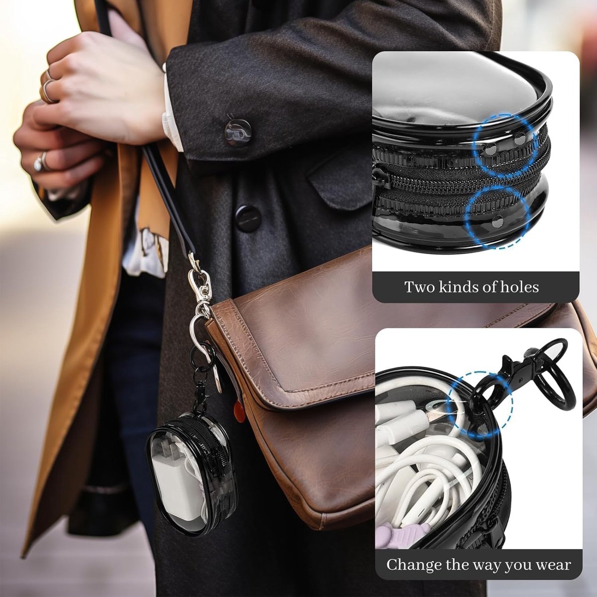 Cable organizer case - Waterproof, portable organizer - Mini transparent hard bag with zipper - Charging cable holder - Space-saving travel accessory (2 pieces black + white) - Image 2