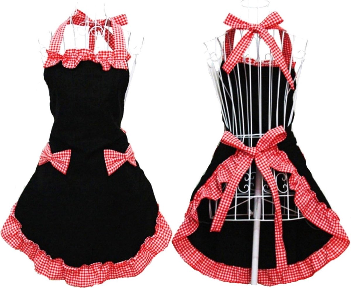 Kitchen Apron - Catering Apron - Pottery Apron - BBQ Apron - Painting Apron - Carpenter's Apron - flirty vintage aprons for womanhood girls with pockets as a Mother's Day gift (Black and red) - Image 2