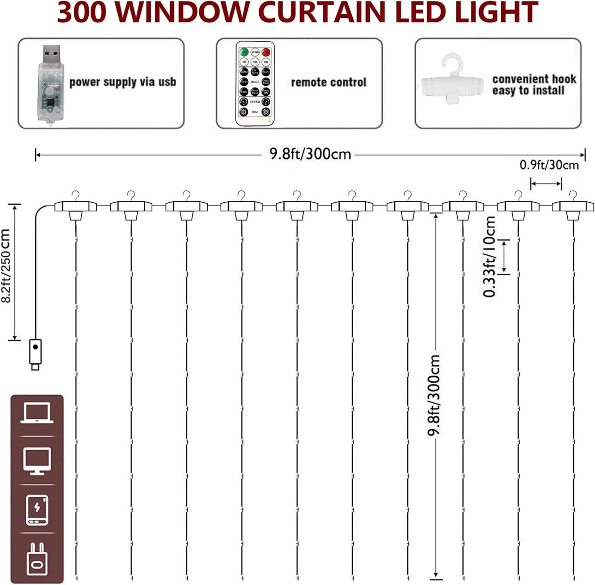 Curtain lights, Christmas lights - 300 LEDs, 8 light modes, copper string lights with remote control, USB powered and waterproof for Christmas, bedroom, party, wedding, home, garden, wall decorations, cool blue - Image 2