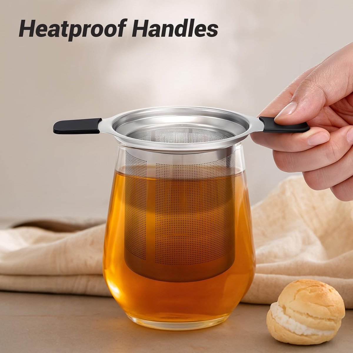 Stainless steel tea infuser - Fine strainer - Heat-resistant handle - For loose tea in teapots and mugs - Image 4