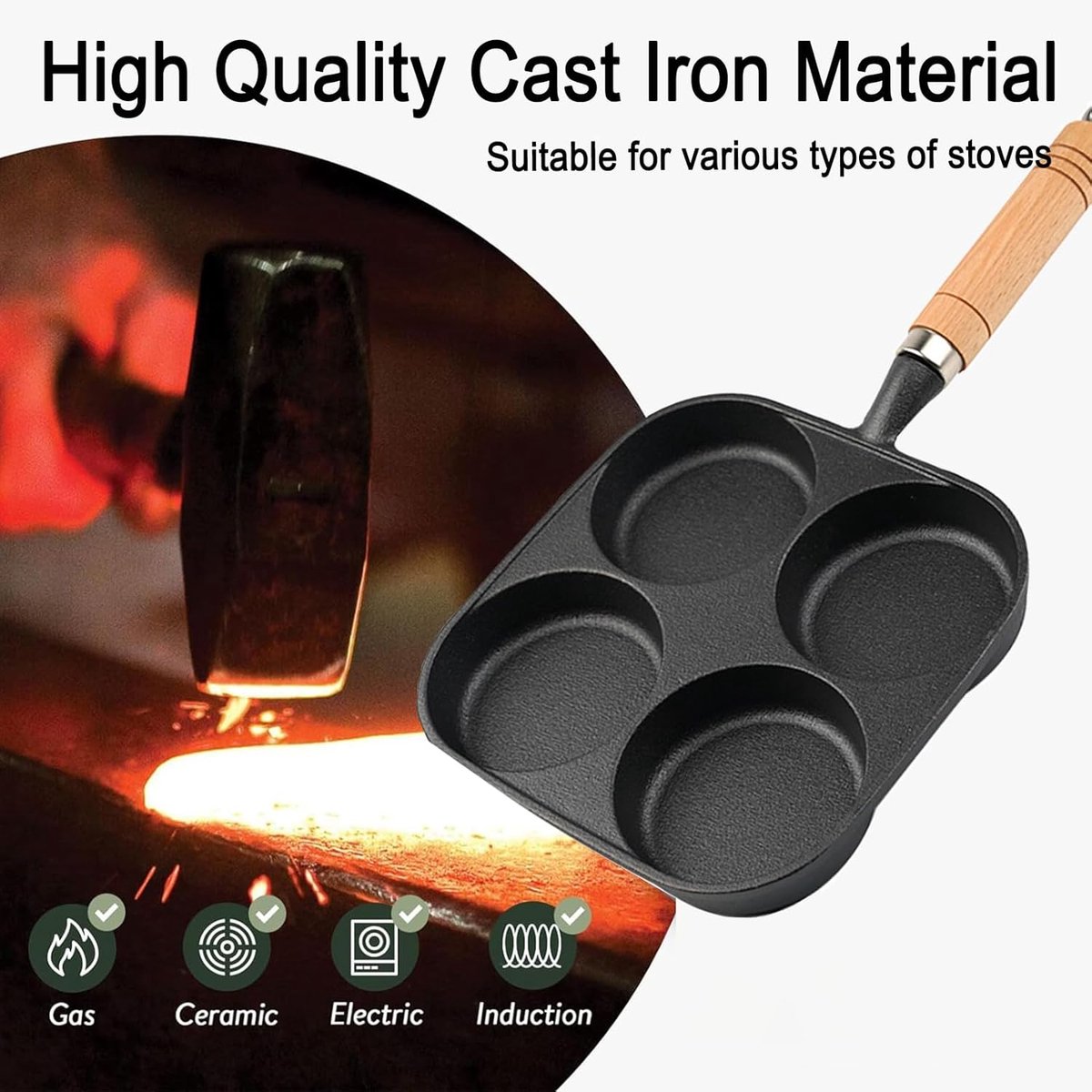Four-pan 18 cm - Cast Iron - Natural Non-Stick Coating - For Eggs & Hamburgers - Image 4