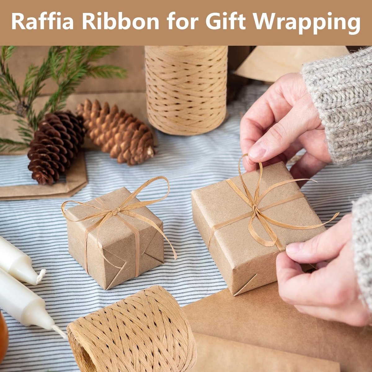 2 rolls of raffia ribbon - natural raffia paper twine - gift wrapping Christmas crafting DIY decoration - 1/4 inch (kraft) - Image 5