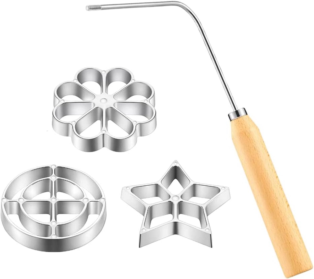 4-Piece Rosette Shaper Set - Cast Aluminum with Wooden Handle - For Coffee Cookies, Bunuelos & Funnel Cookies - Image 1