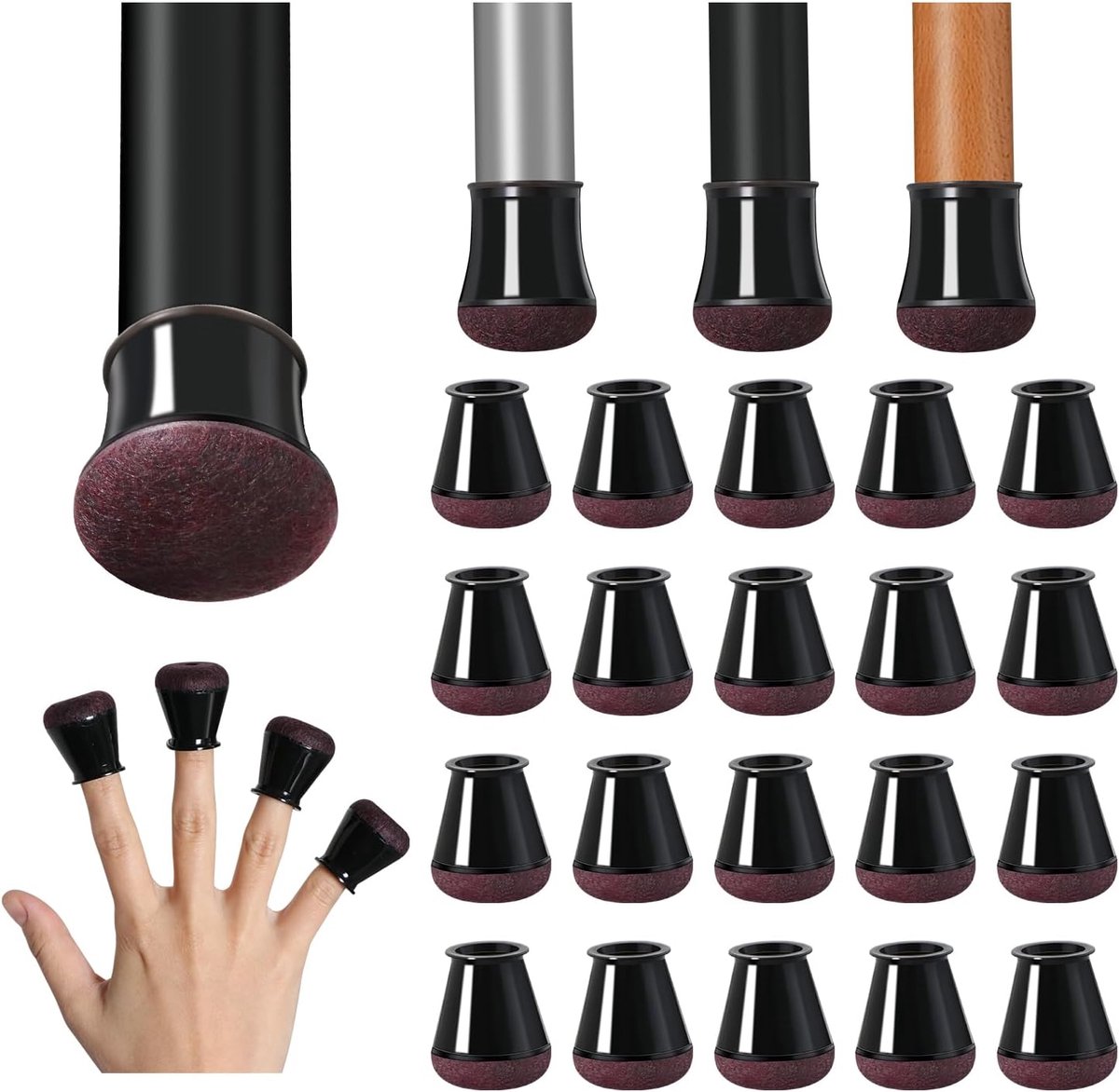 Chair Leg Caps - Chair Leg Protectors - 17-22mm - with Anti-Scratch Felt - Chair Leg Protectors - Floor Protection - Chair Leg Covers - 24 Pieces - Black - Round - Image 1