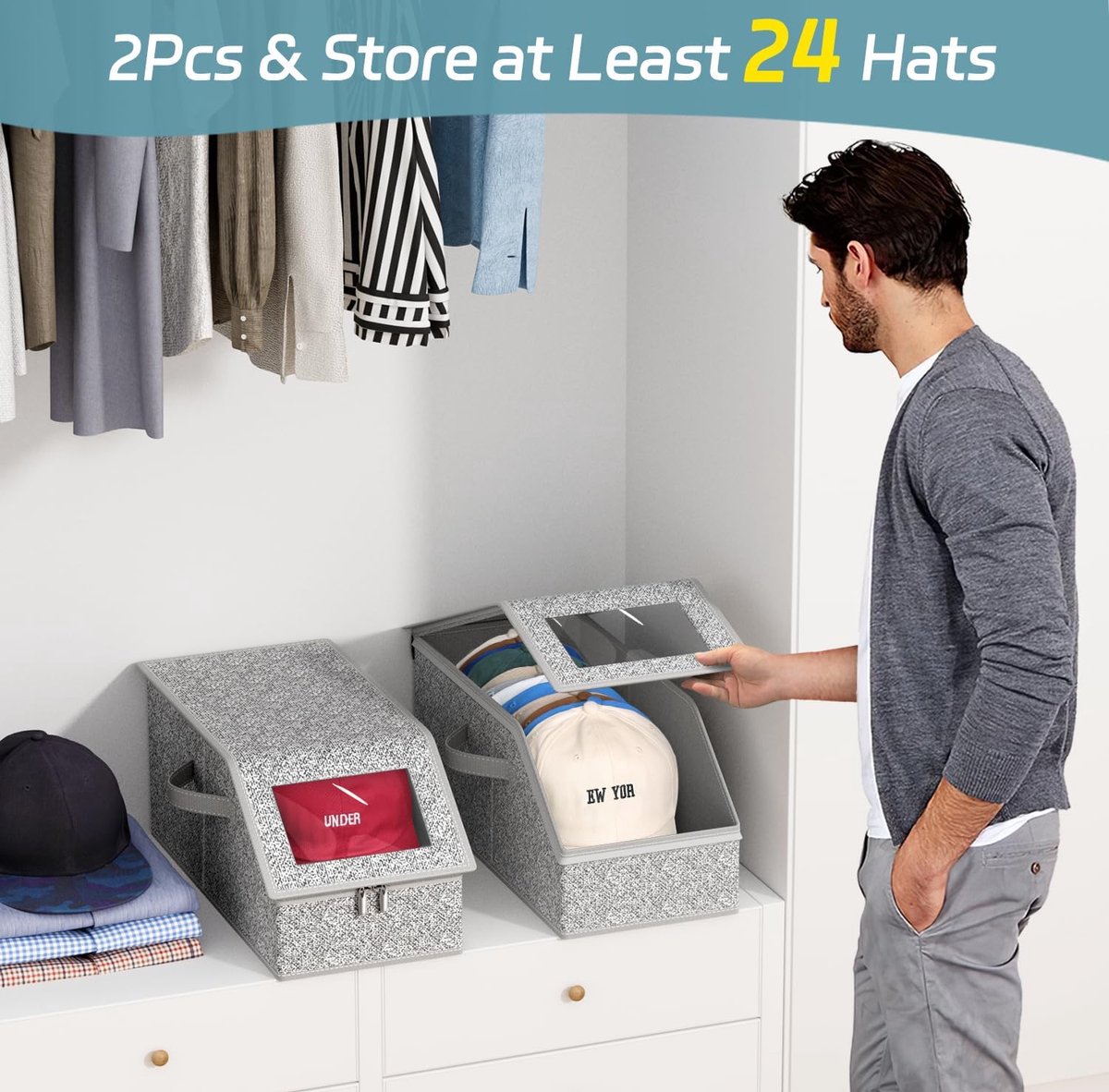 2-Pack Storage Boxes for Caps - Storage Solution for Up to 24 Baseball Caps - Stackable 2-in-1 Hat Box - Image 3