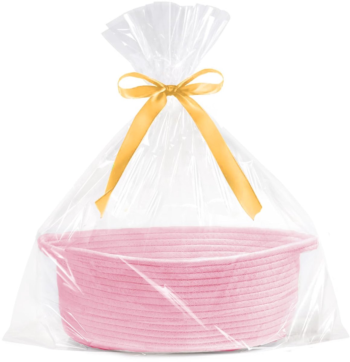 Gift basket with gift bag and ribbons - Small woven rope storage shelf - Empty gift baskets - Decorative birthday party storage box for cat, dog, pet with handles (pink) - Image 1