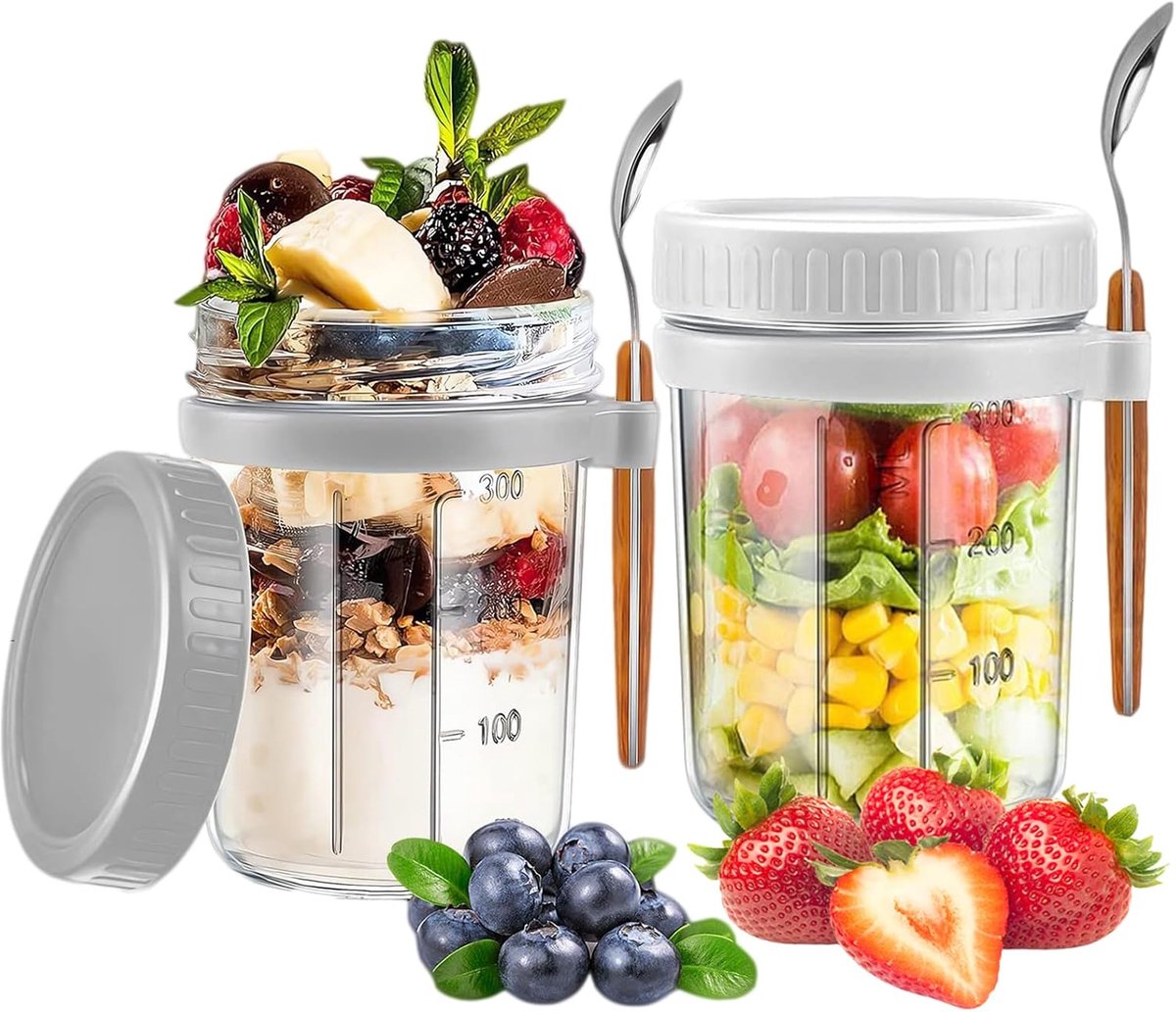 2-Pack Overnight Oatmeal Jars - With lid and spoon - 12 oz jars - For storing oatmeal overnight - With measuring lines - Large airtight jars - Also suitable for storing milk, fruit, and breakfast cereals (white + grey) - Image 1