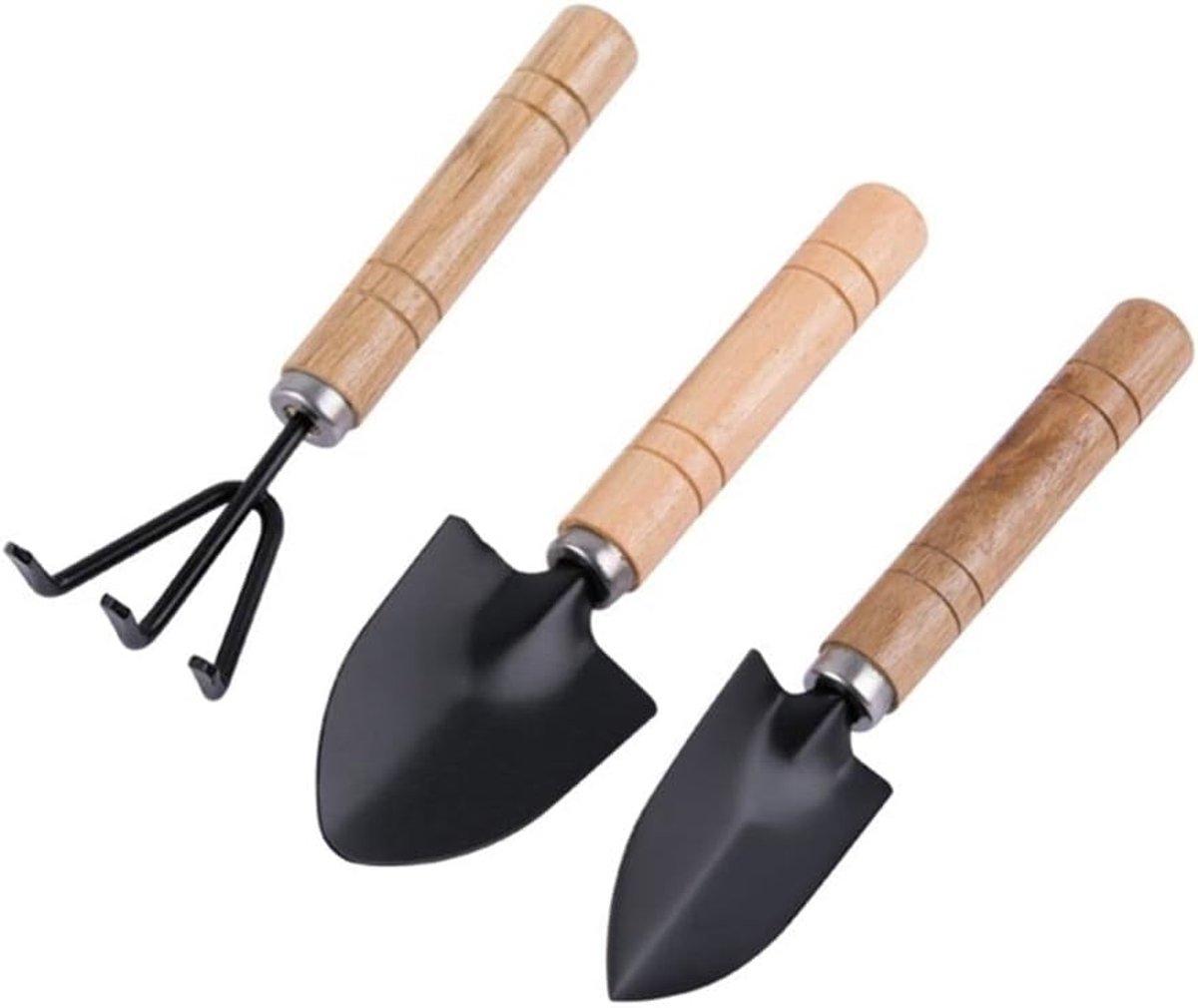 3-Piece Garden Tool Set - Wooden Handle Design - Garden Trowel, Rake and Soil Shovel - For Pots and Plants - Image 1