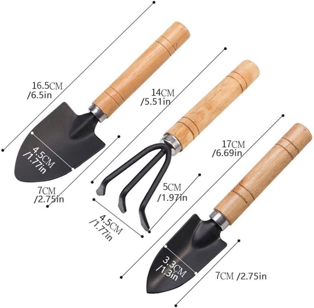 3-Piece Garden Tool Set - Wooden Handle Design - Garden Trowel, Rake and Soil Shovel - For Pots and Plants - Image 2
