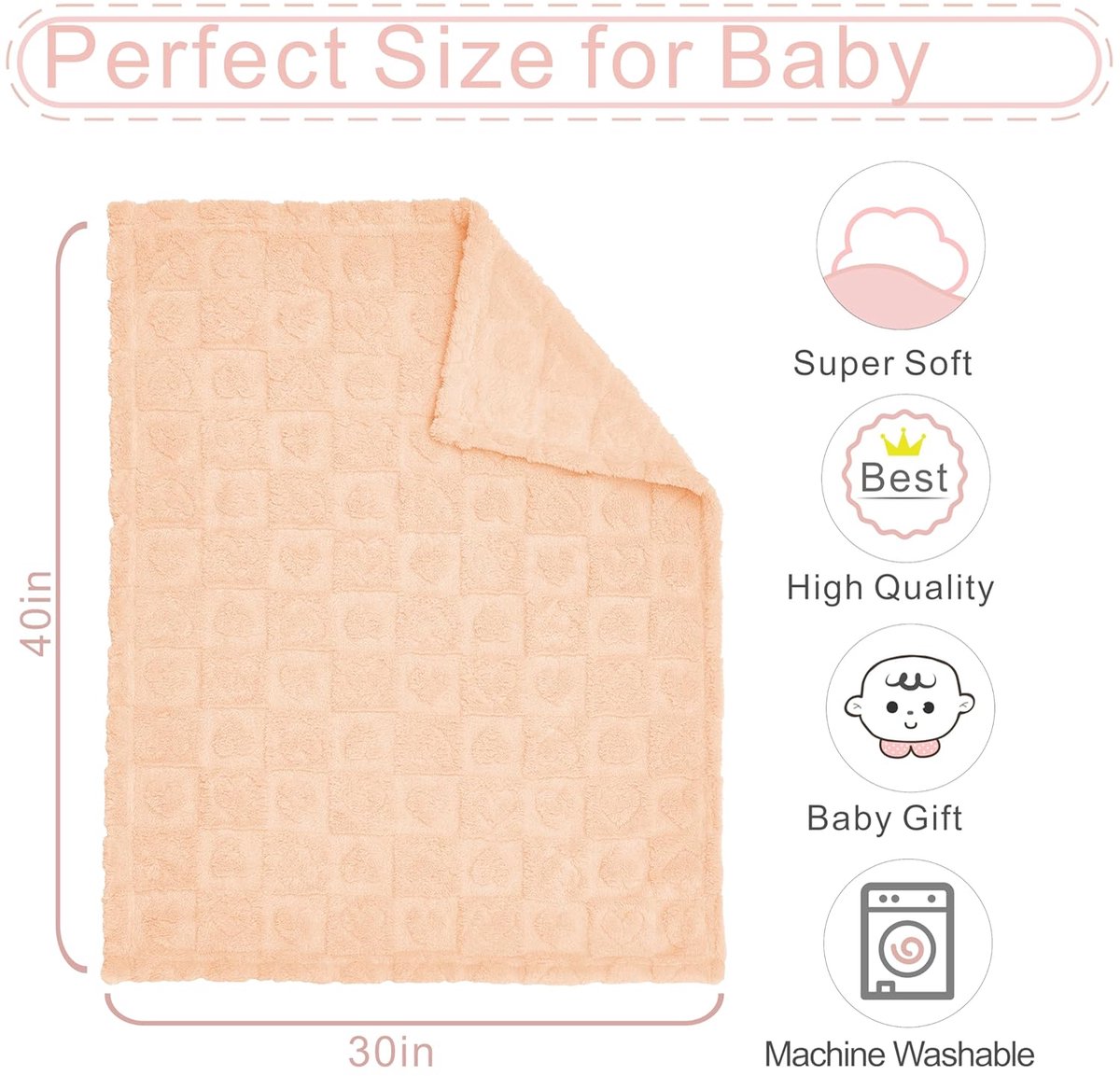 Baby blanket with heart motif, ultra-soft, cozy baby blankets for girls and boys, soft baby and toddler blankets for newborn babies, gifts for the crib and stroller (76 x 102 cm) (apricot pink) - Image 2