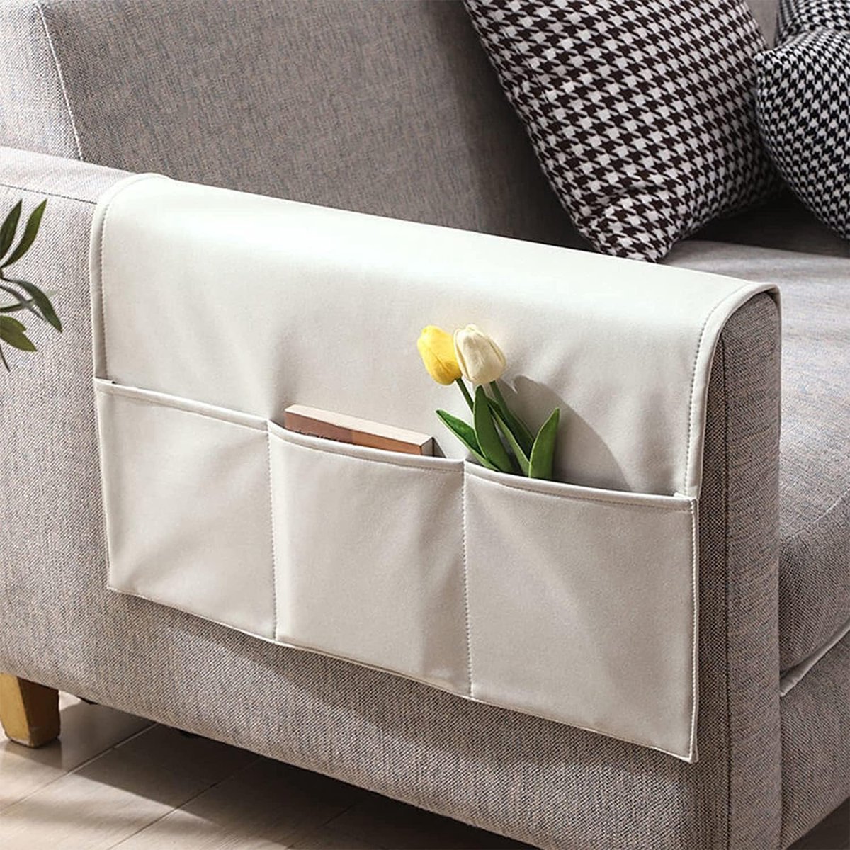 Sofa Armrest Storage - 5 Compartments - Reinforced Tech Fabric - Remote Control Holder - White (60*110CM) - Image 1