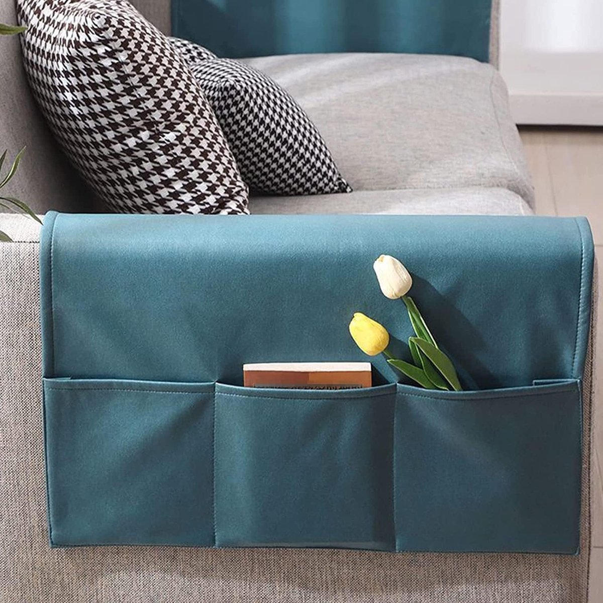 Sofa Armrest Storage - 5 Compartments - Reinforced Tech Fabric - Remote Control Holder - White (60*110CM) - Image 5