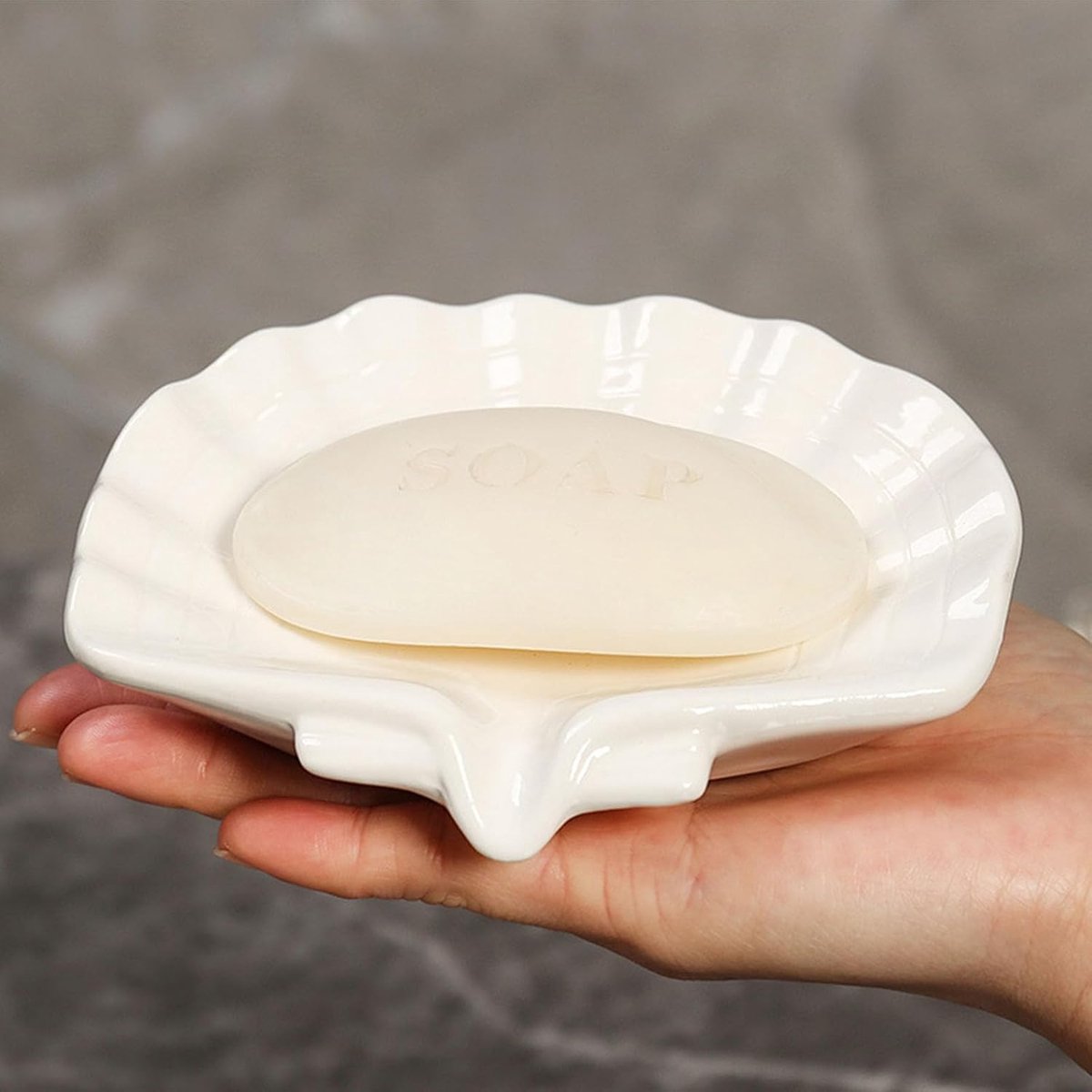 Ceramic Soap Holder - Sea-Shell Soap Tray with Self-Draining - Soap Holder - Soap Box - Small Soap Dish - 1 Piece White - Image 1